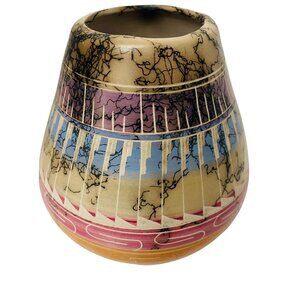 Handcrafted Navajo Pottery Vase Signed VT 4.5" Colorful Southwestern Decor VT Nu